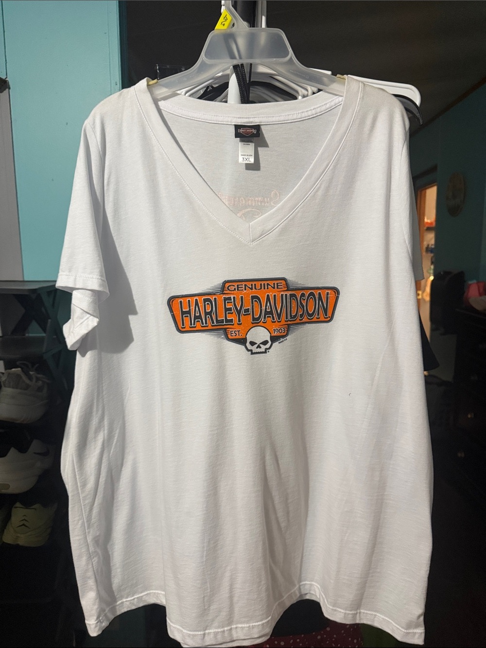 Harley-Davidson White Short-Sleeve V-Neck Tee with Orange Logo
